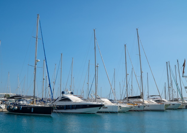 Sailing harbor many sailing yachts in the seaport modern water transport