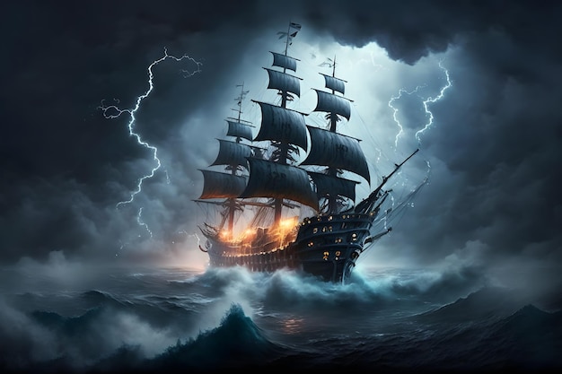 Sailing old ship in storm sea on the background clouds with lightning Neural network AI generated