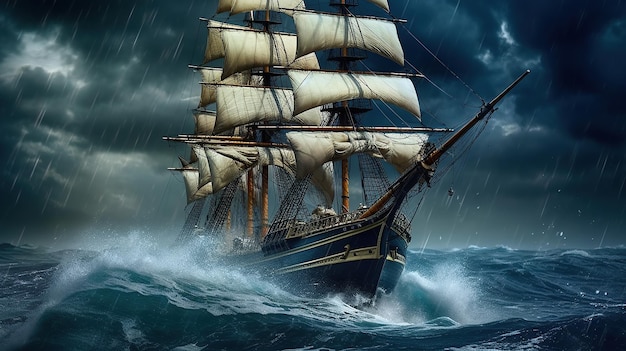 Sailing old ship in a storm sea Generative AI