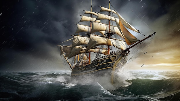 Sailing old ship in a storm sea Generative AI