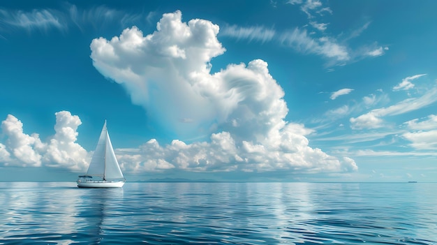 Sailing on the sea blue sky with white clouds a sailboat in front of it