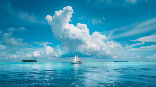 Sailing on the sea blue sky with white clouds a sailboat in front of it