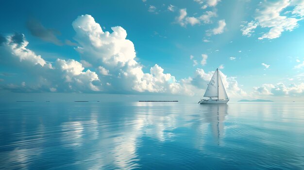 Sailing on the sea blue sky with white clouds a sailboat in front of it