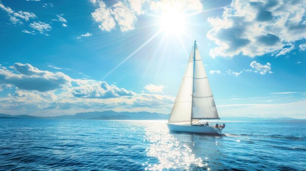 sailing ship on a body of sea water in the background Partly cloudy sky with cumulus clouds during the day