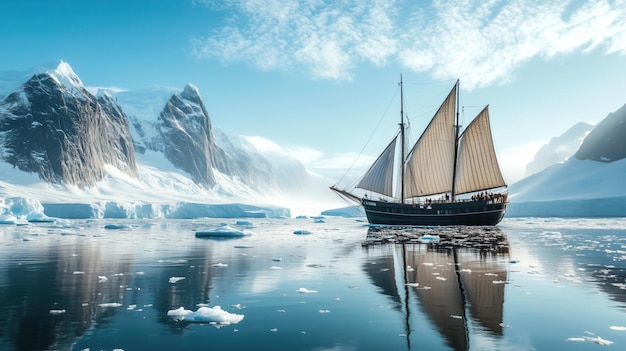 Sailing ship in icy waters majestic mountains backdrop