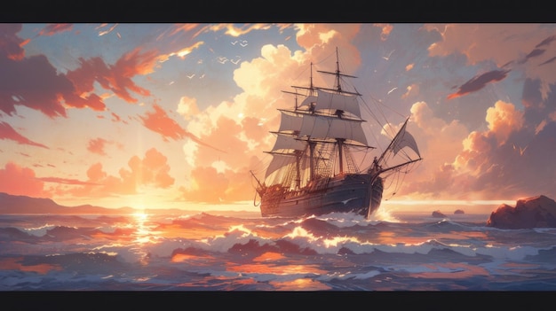 sailing ship at sea against the backdrop of a beautiful sunset