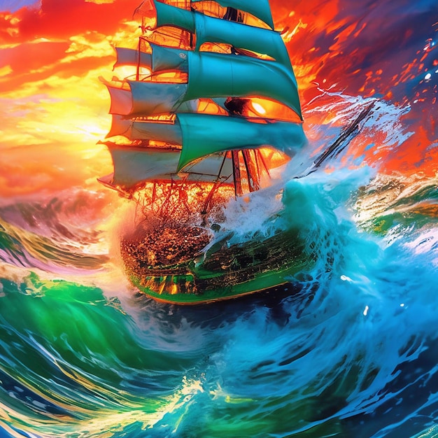 Sailing ship in the sea with waves 3D illustration