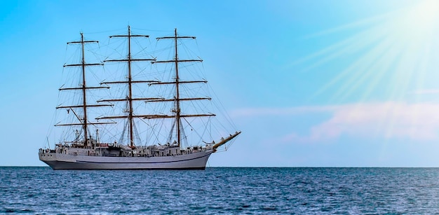 Sailing ship in the sea without sails selective focus