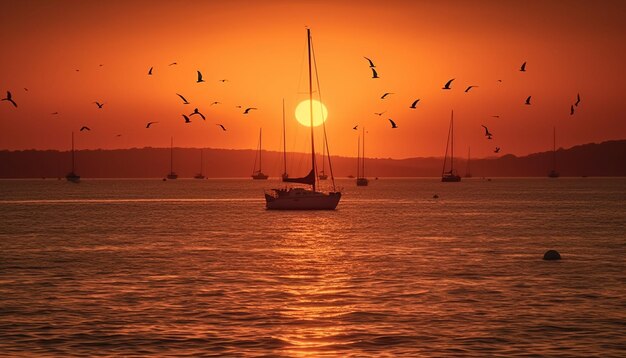 Photo sailing ship silhouette back lit by orange sunset over water generated by ai