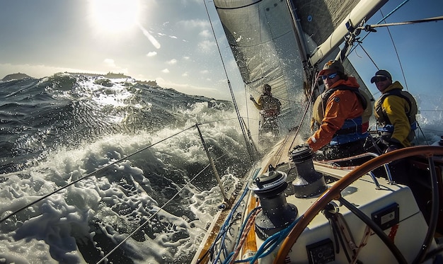 Sailing Team Navigating Through Waves