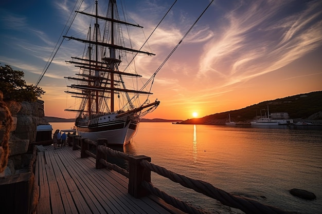 Sailing vessel taking in the view of a picturesque seaport at sunset created with generative ai