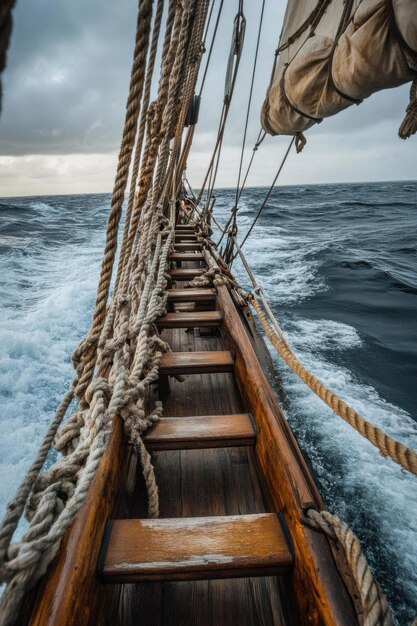 Sailing on a Wooden Ship with Ropes and Cloudy Sky Photo