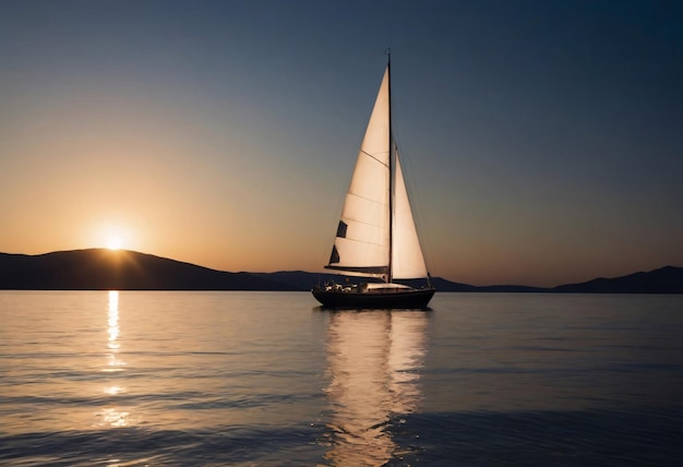 Sailing Yacht Cruising Across Calm Waters at Sunset Near Mountainous Coastline