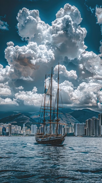 a sailing yacht cruising on the Black Sea against the backdrop of a city beach modern buildings a blue sky and white clouds