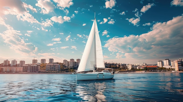 a sailing yacht cruising on the Black Sea against the backdrop of a city beach modern buildings a blue sky and white clouds