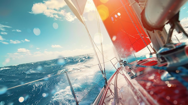 Photo sailing yacht cutting through ocean waves under bright sun