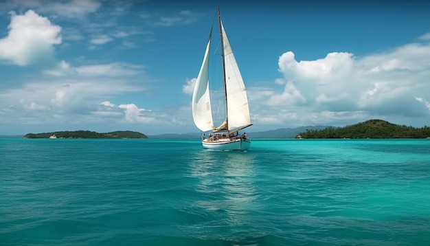 Sailing yacht glides on Caribbean waves men relax generated by AI