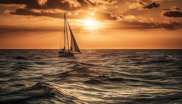 Sailing yacht glides on tranquil sunset sea generated by AI