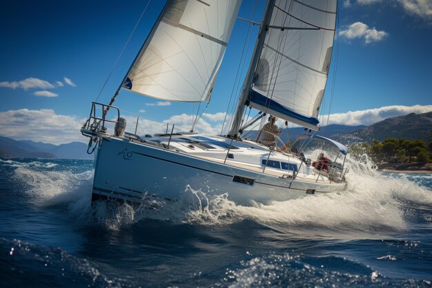 Sailing Yacht on Open Sea with Spinnaker Vacation Concept Luxury Yachting Cruising Travel