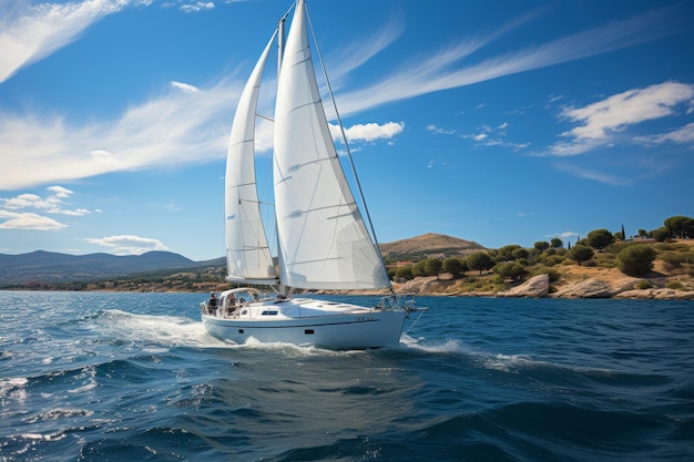 Sailing Yacht on Open Water Embracing Coastal Beauty Serenity and Summer Adventures