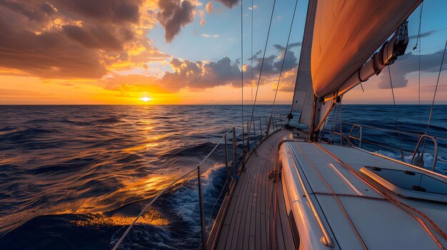 Photo sailing yacht sailing in the open sea at sunset view from deck towards horizon adventure and freedom