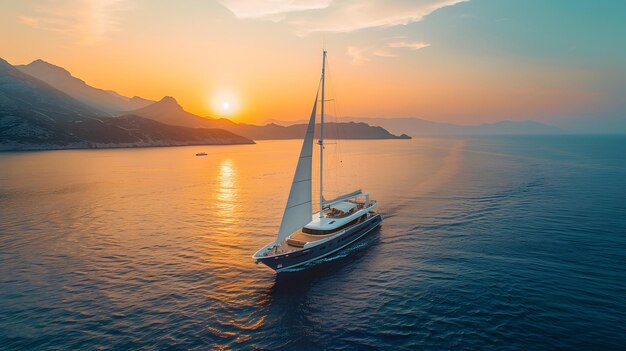 Photo sailing yacht sailing in the open sea at sunset view from deck towards horizon adventure and freedom