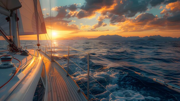 Photo sailing yacht sailing in the open sea at sunset view from deck towards horizon adventure and freedom