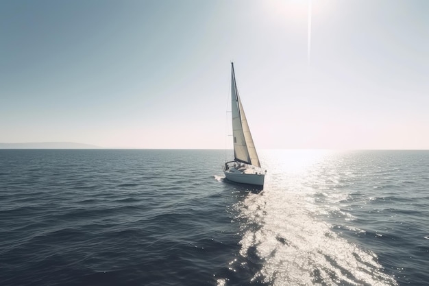 Sailing yacht in the sea 3D render Sunset A small yacht gracefully sailing on the tranquil waters of a beautiful ocean on a sunny day AI Generated