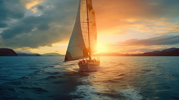 Sailing yacht in the sea at sunset generative AI