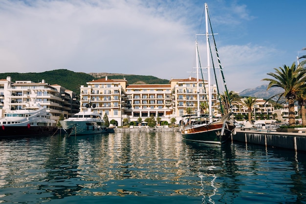 Sailing yachts at the marina of the regent hotel in porto montenegro