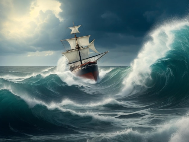 The sailingship in time of storm from lightnings PSD illustration AI GENERATED