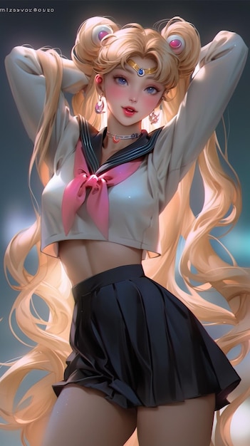 Sailor girl with long blonde hair and a sailor outfit posing generative ai