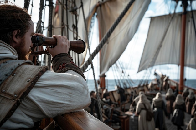 Sailor Looking Through a Spyglass on a Historic Sailing Ship at SeaGenerative ai