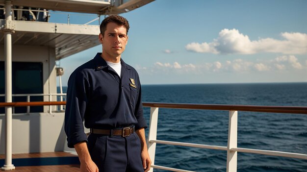 Photo sailor in a navy uniform standing on the deck of a ship with the ocean in the background