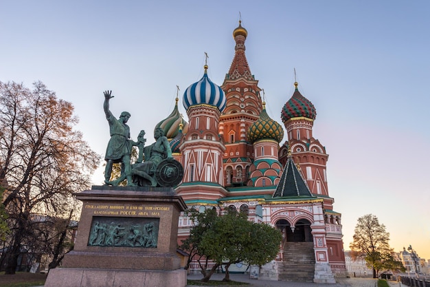 Saint Basil's Cathedral and monument to Minin and Pozharsky in Red Square. Moscow, Russia.