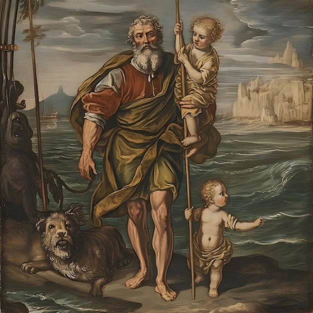 Saint Christopher painting illustration Generative Ai St Christopher