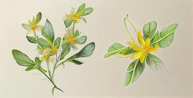 Saint johns wort (Hypericum perforatum). Botanical illustration on white paper. Medicinal plants.