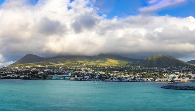 Saint Kitts and Nevis Basseterre scenic panoramic shoreline from cruise ship on Caribbean vacation