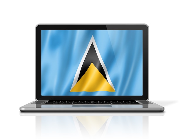 Saint Lucia flag on laptop screen isolated on white. 3D illustration render.