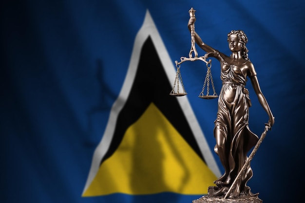 Saint Lucia flag with statue of lady justice and judicial scales in dark room Concept of judgement and punishment