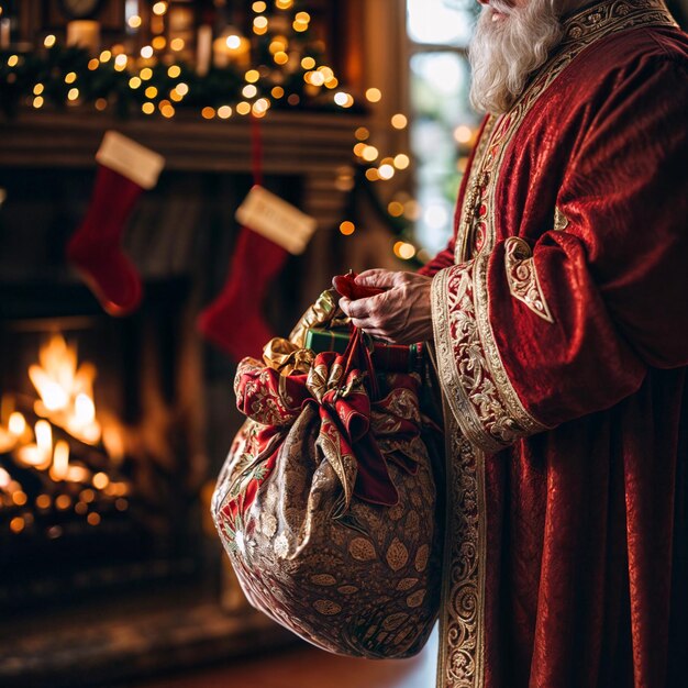 Photo saint nicholas leaving gifts by the fireplace