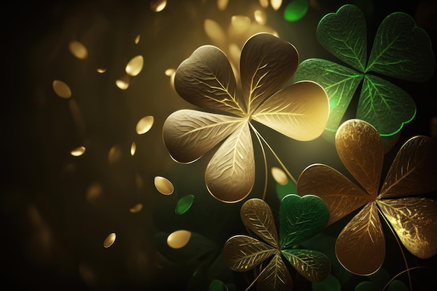 Saint Patrick's Day Green and Gold Clover Background with Bokeh.