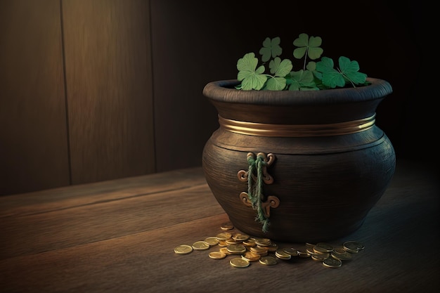 Saint Patrick39s Day concept a wooden surface with a pot full of gold money Generative AI