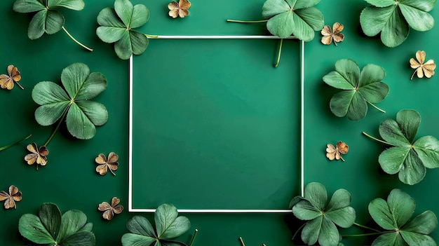 Saint Patricks Day Green Background Template with Multiple 4Leaf Clovers Of Green And Gold Colors