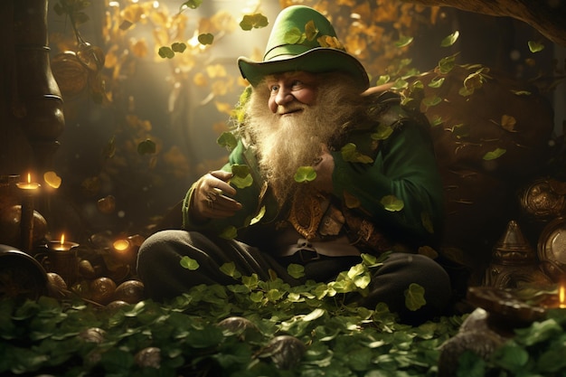 Saint Patricks Day greeting card featuring leprechaun and shamrocks