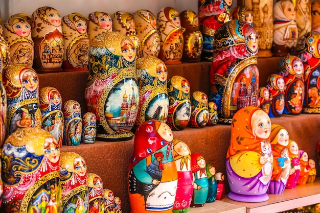 Saint Petersburg Russia Traditional handicraft wooden souvenirs at street gift store