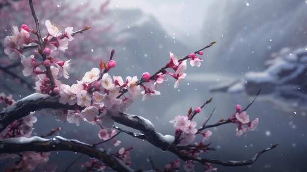 Sakura branches closeup on the background of mountains and a lake Copy space Generative AI