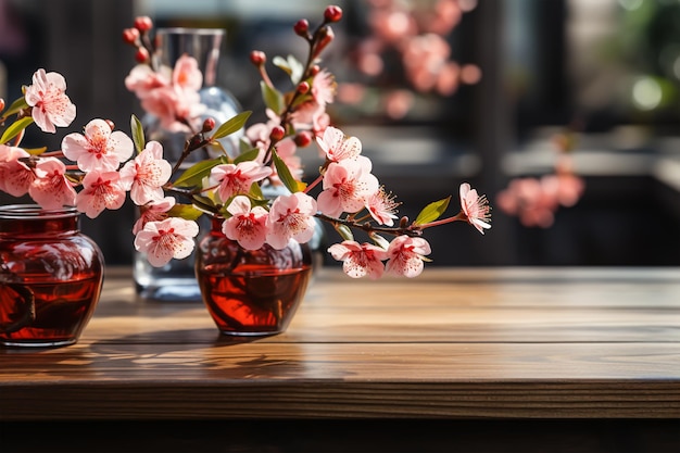 Sakura cherry blossom branch in ceramic vase on table beige wall background