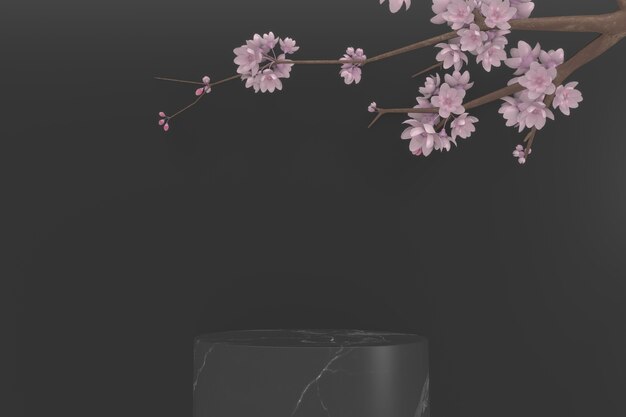 Sakura decoration and black granite podium on black background