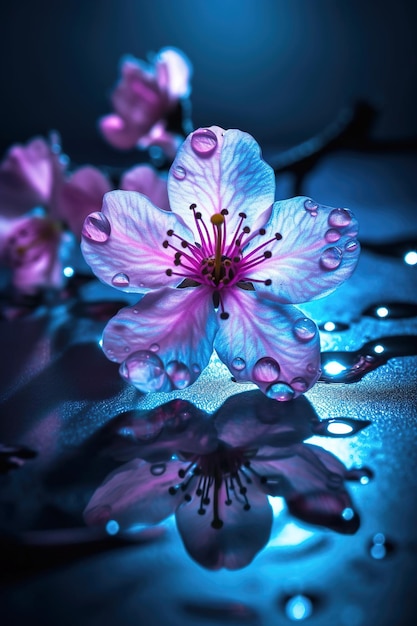 Sakura flowers in water pink cherry blossoms petals with drops generative AI